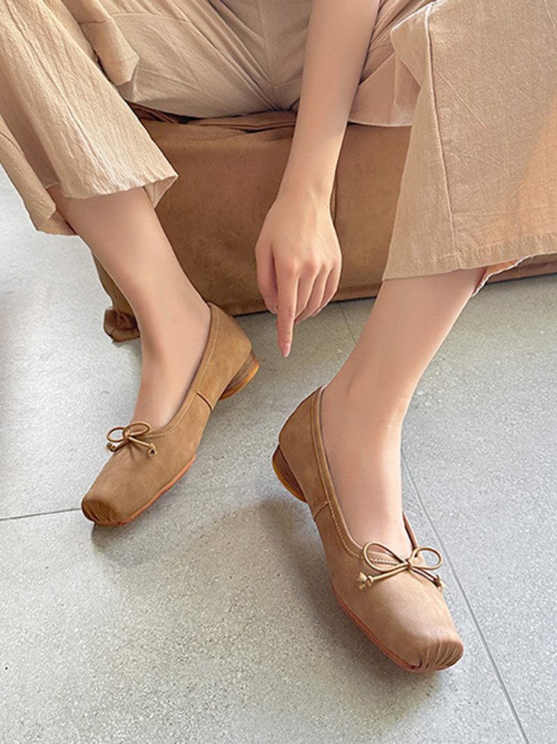 Ballerines Pour Femmes Avec Nœuds Chaussures Plates À Bout Carré - Kaki