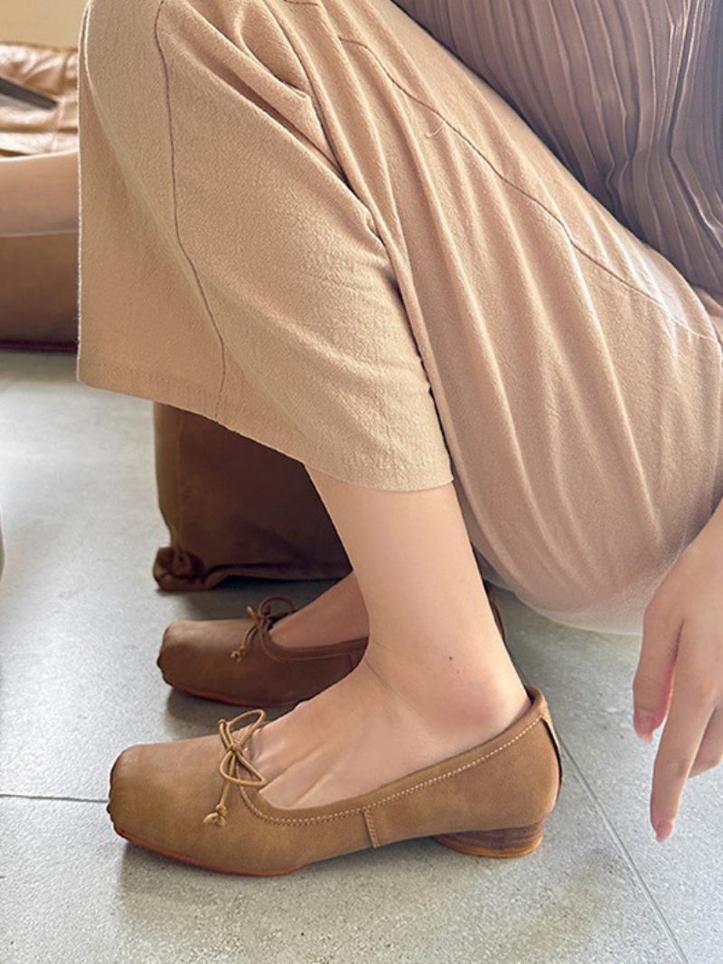 Ballerines Pour Femmes Avec Nœuds Chaussures Plates À Bout Carré - Kaki