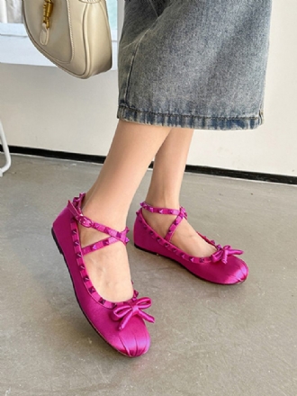 Ballerines Pour Femmes Avec Perles À Bout Rond Et Nœud Croisé Satin