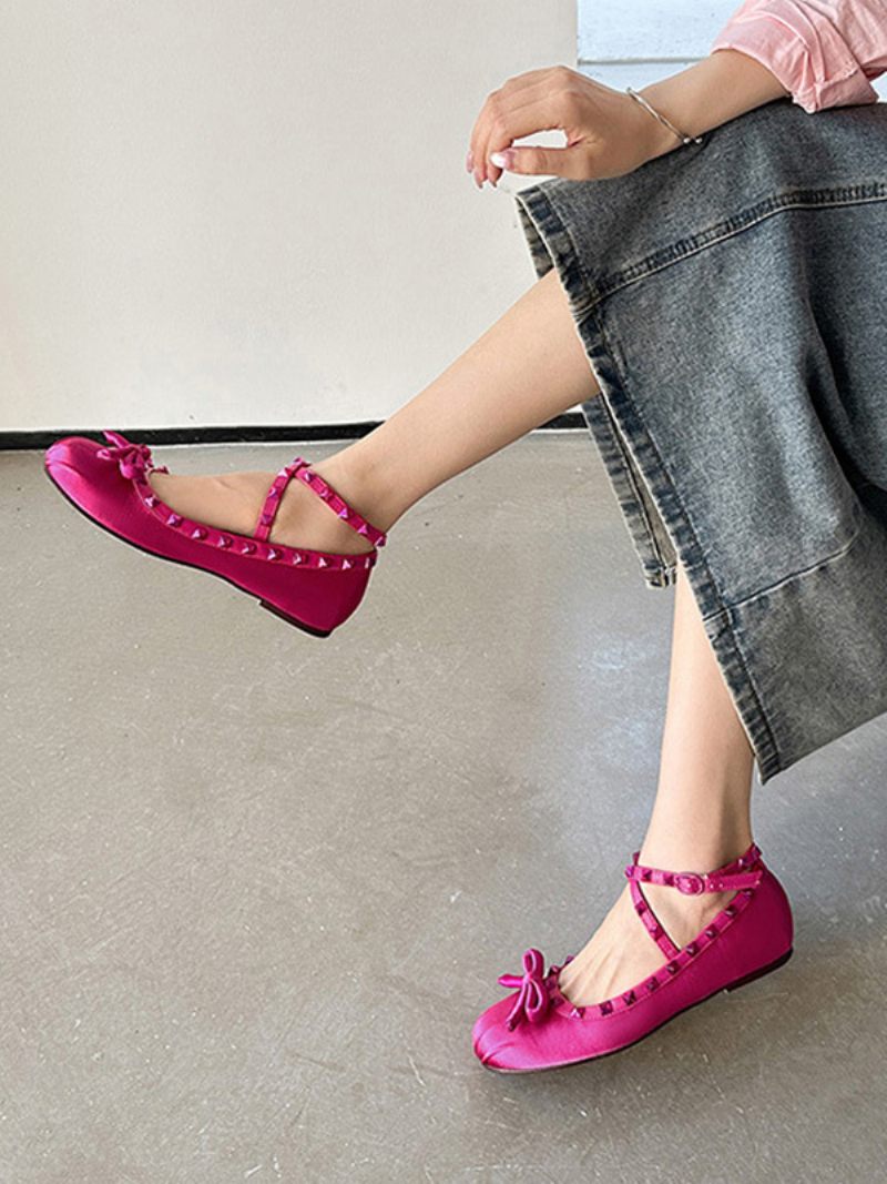 Ballerines Pour Femmes Avec Perles À Bout Rond Et Nœud Croisé Satin - Rose