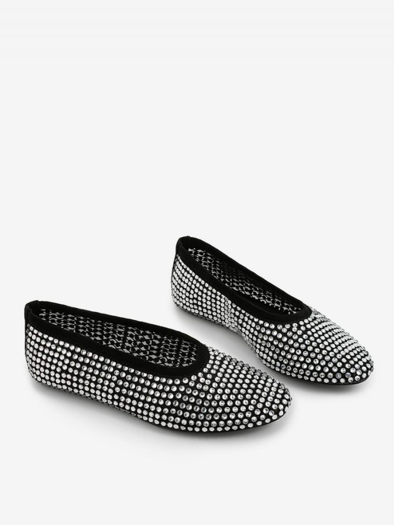 Ballerines Pour Femmes Bout Pointu Strass Escarpins Plats À Enfiler - Noir