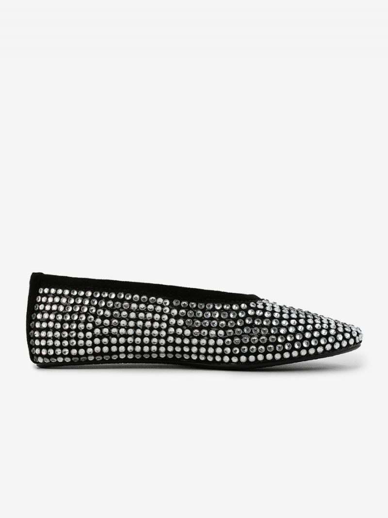 Ballerines Pour Femmes Bout Pointu Strass Escarpins Plats À Enfiler - Noir