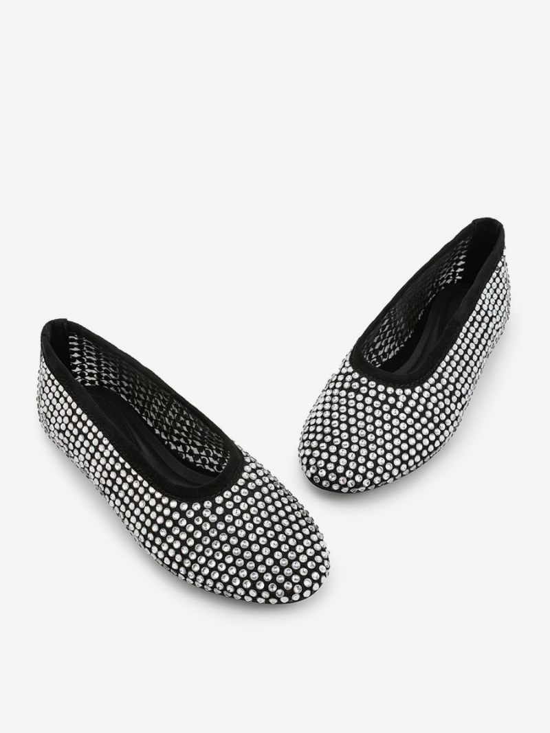 Ballerines Pour Femmes Bout Pointu Strass Escarpins Plats À Enfiler - Noir