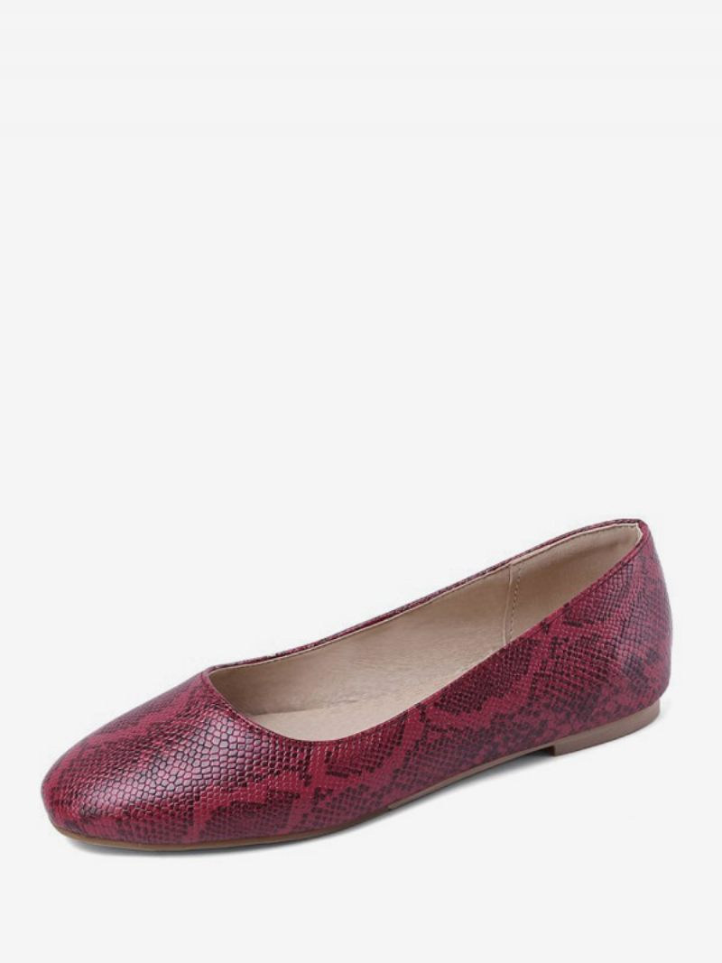 Ballerines Pour Femmes Bout Rond Motif Serpent Escarpins Plats À Enfiler - Rouge