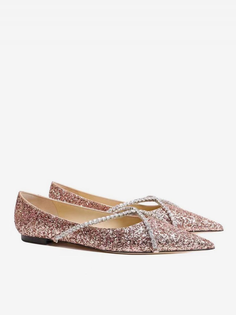 Ballerines Pour Femmes Paillettes Bout Pointu Chaussures Mariage Plates À Bretelles - Rose