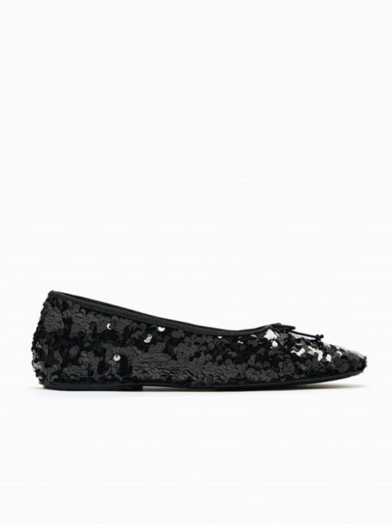 Ballerines Pour Femmes Paillettes Bout Rond Ballerine Chaussures Fête Plates - Noir