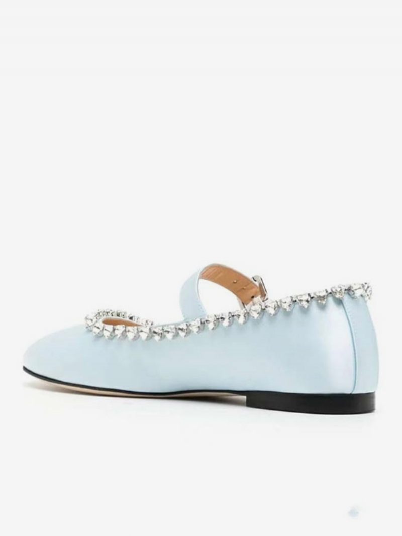 Ballerines Pour Femmes Satin Strass Bout Rond Mary Jane Chaussures Plates - Bleu Bébé