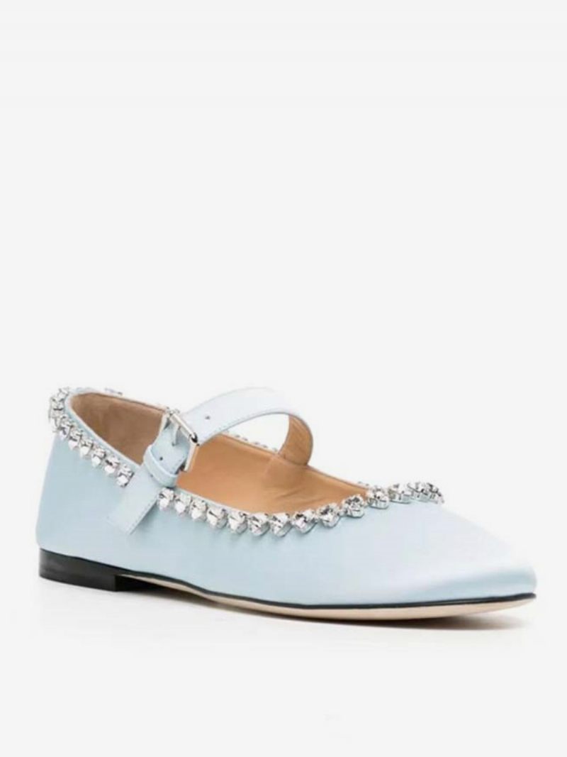 Ballerines Pour Femmes Satin Strass Bout Rond Mary Jane Chaussures Plates - Bleu Bébé