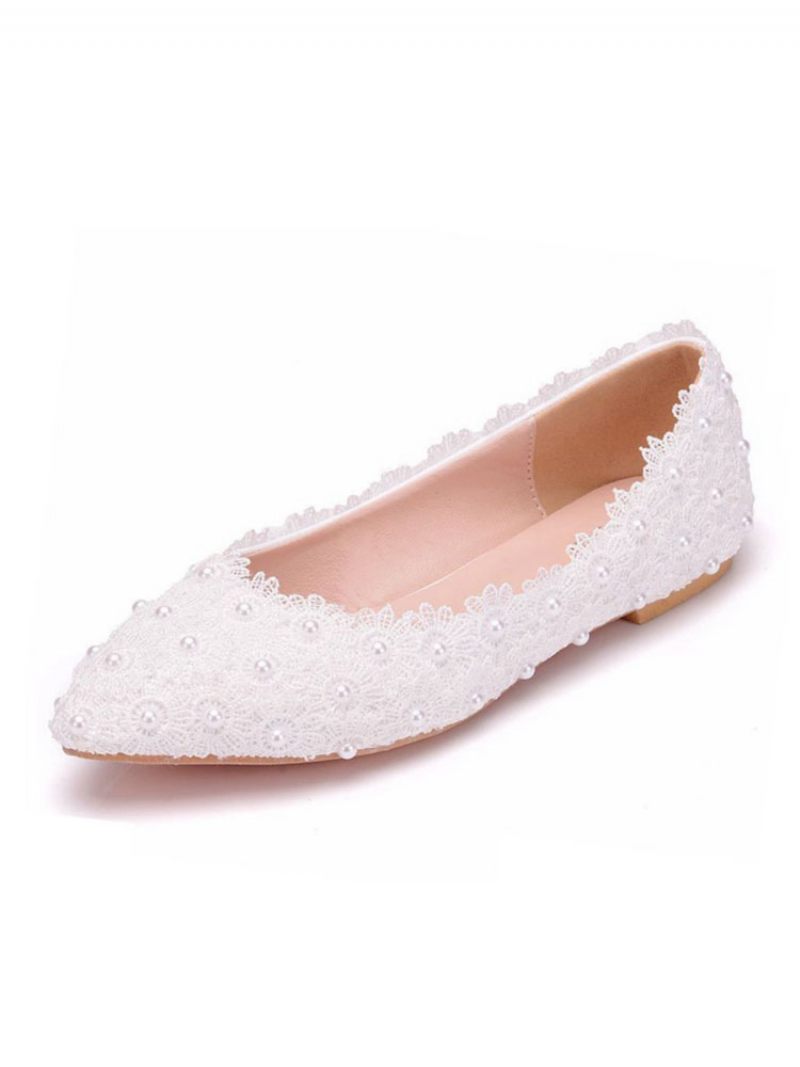 Ballerines Pour Femmes Simili Cuir Blanc Bout Pointu Fleurs Grande Taille