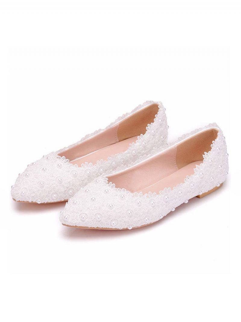 Ballerines Pour Femmes Simili Cuir Blanc Bout Pointu Fleurs Grande Taille - Blanc