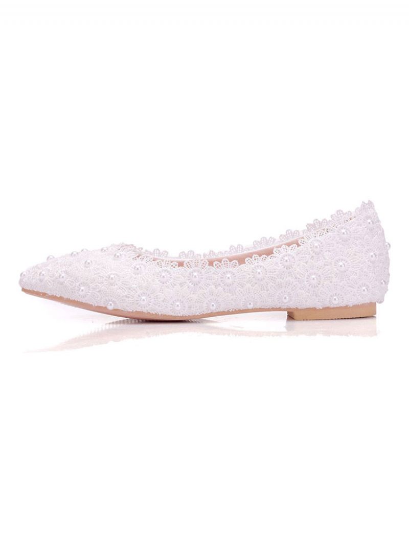 Ballerines Pour Femmes Simili Cuir Blanc Bout Pointu Fleurs Grande Taille - Blanc