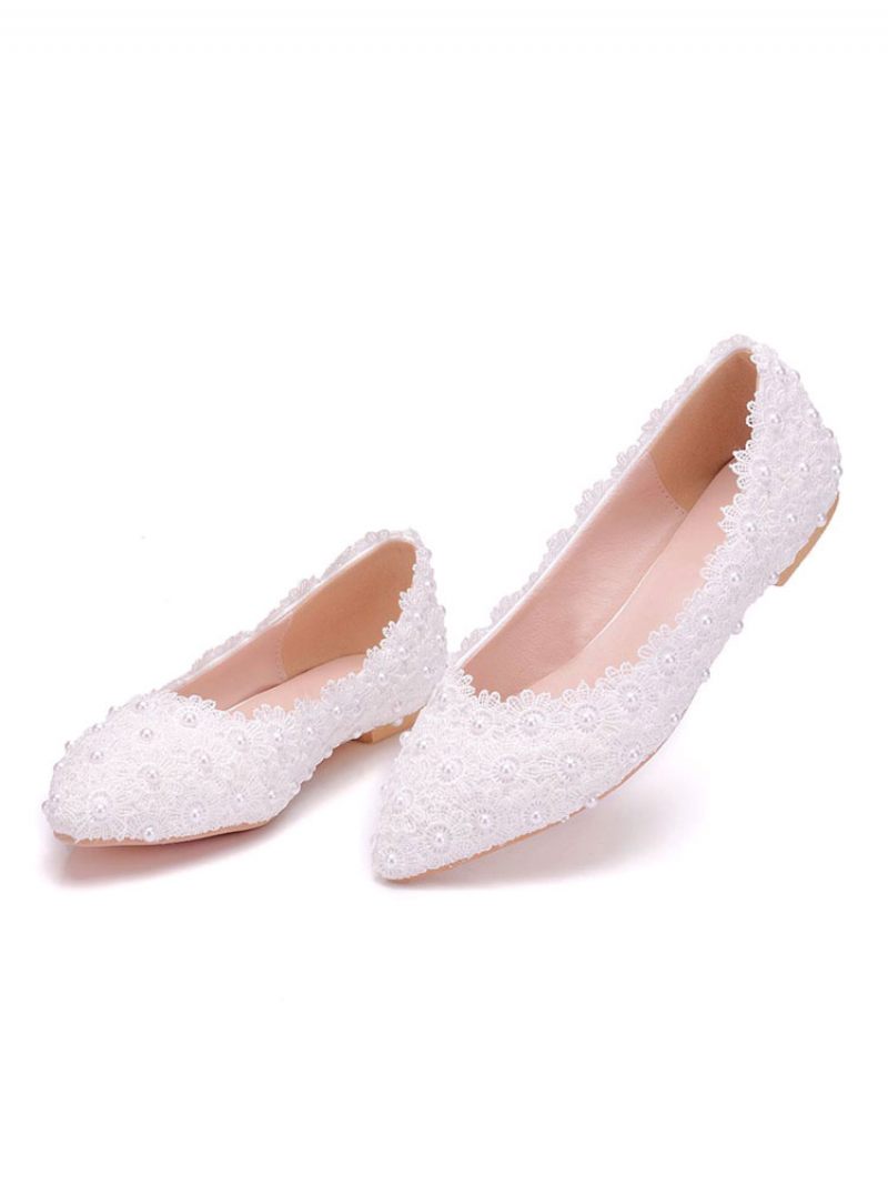 Ballerines Pour Femmes Simili Cuir Blanc Bout Pointu Fleurs Grande Taille - Blanc