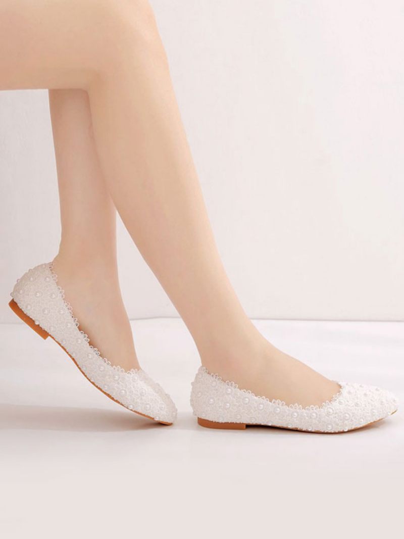 Ballerines Pour Femmes Simili Cuir Blanc Bout Pointu Fleurs Grande Taille - Blanc