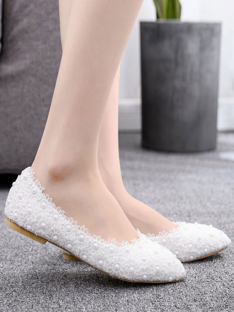 Ballerines Pour Femmes Simili Cuir Blanc Bout Pointu Fleurs Grande Taille - Blanc