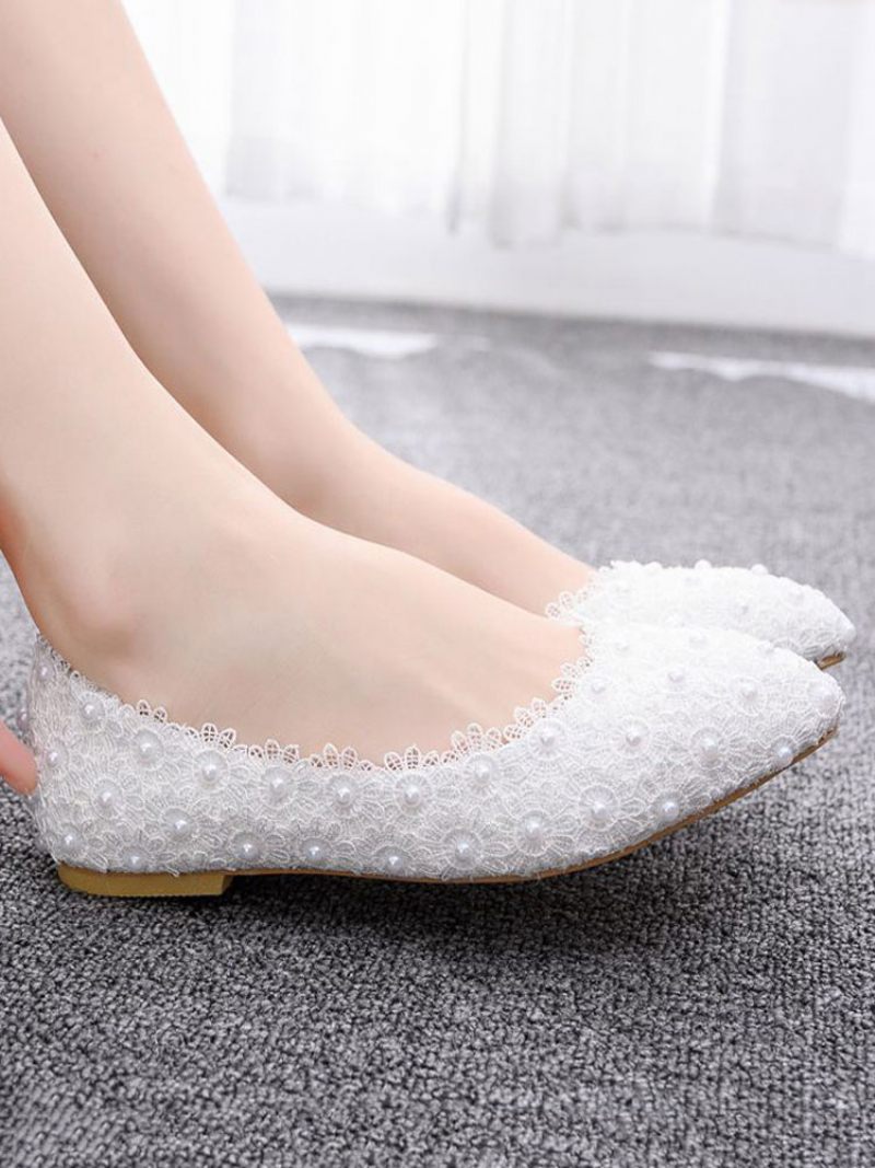 Ballerines Pour Femmes Simili Cuir Blanc Bout Pointu Fleurs Grande Taille - Blanc