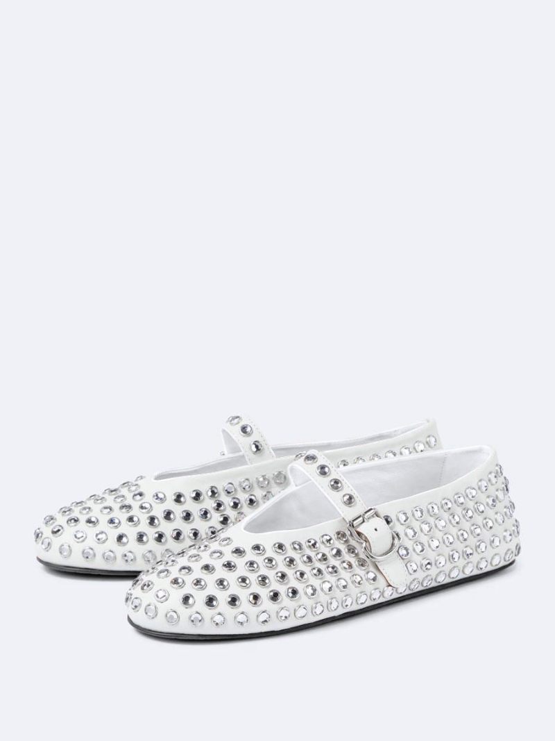 Ballerines Noires Pour Femmes Avec Strass Bout Rond Chaussures Plates Mary Jane - Blanc