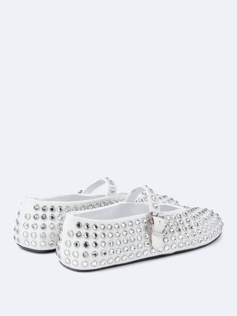 Ballerines Noires Pour Femmes Avec Strass Bout Rond Chaussures Plates Mary Jane - Blanc