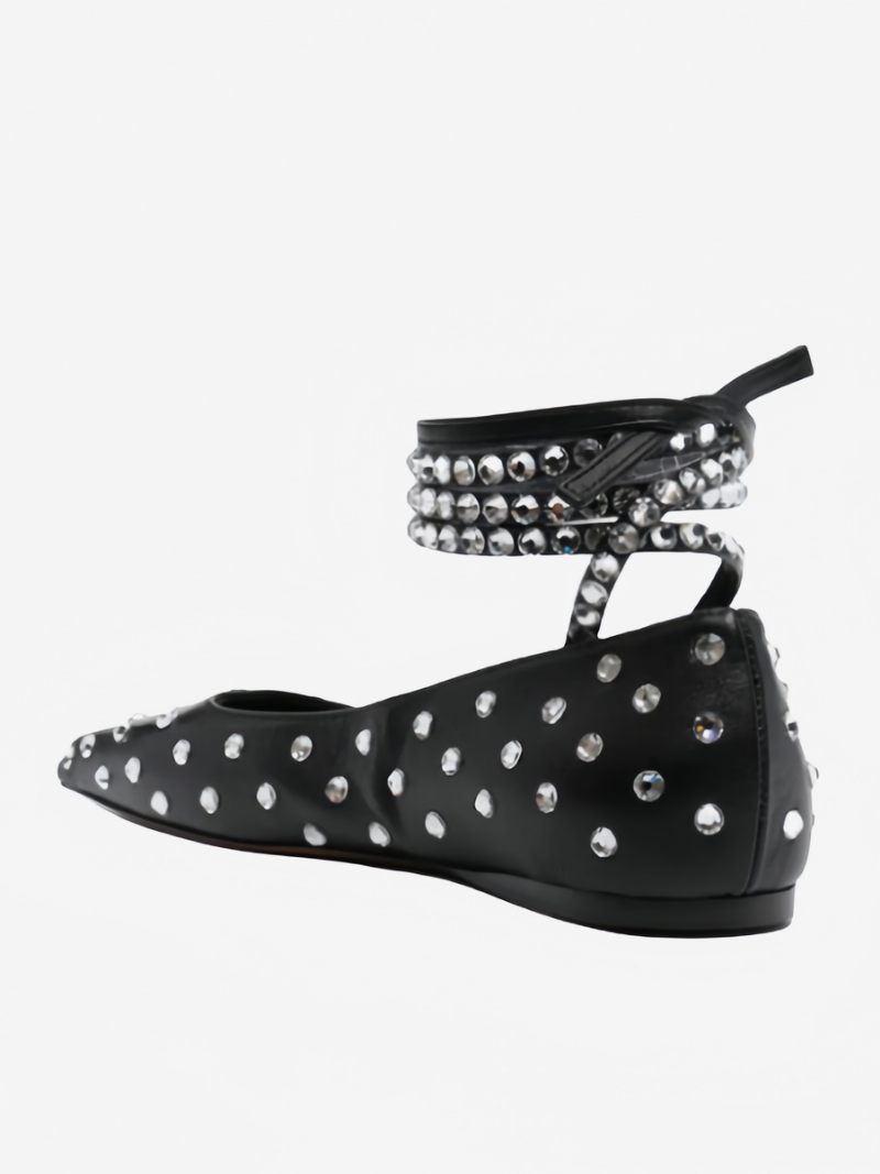 Ballerines Noires Pour Femmes Avec Strass Cloutés Bout Rond Bride À La Cheville Plates - Noir