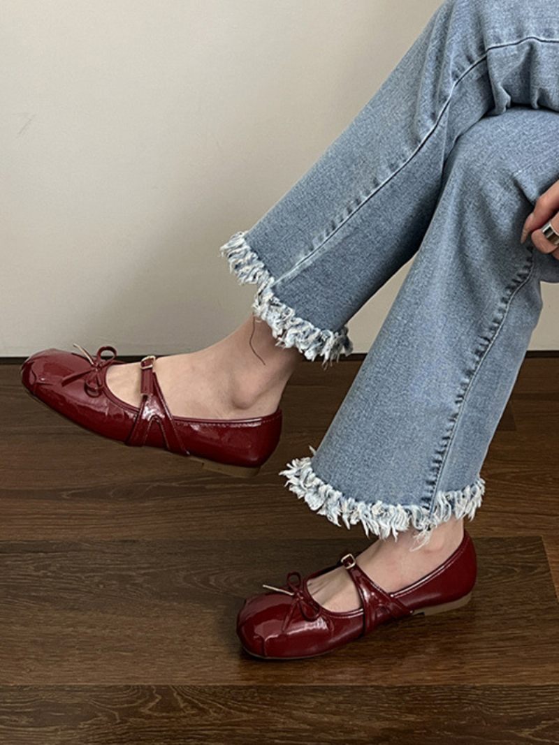 Ballerines Noires Pour Femmes Bout Rond Détail Boucle Avec Nœud - Rouge