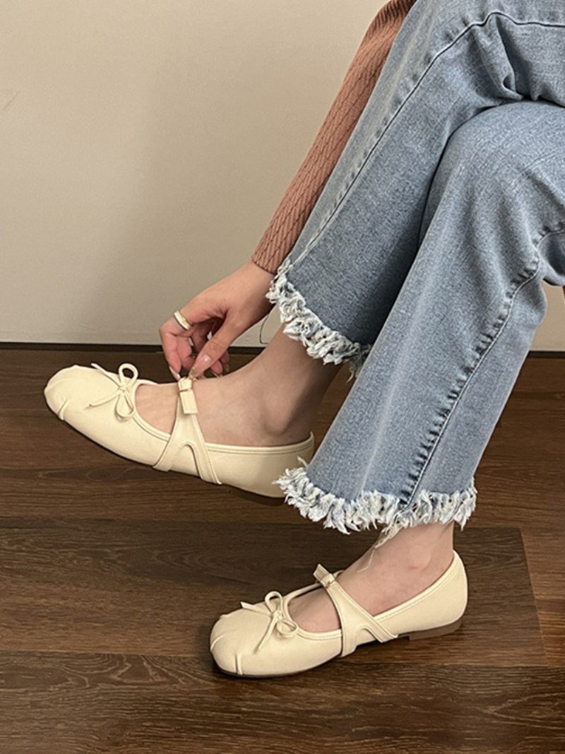 Ballerines Noires Pour Femmes Bout Rond Détail Boucle Avec Nœud - Beige