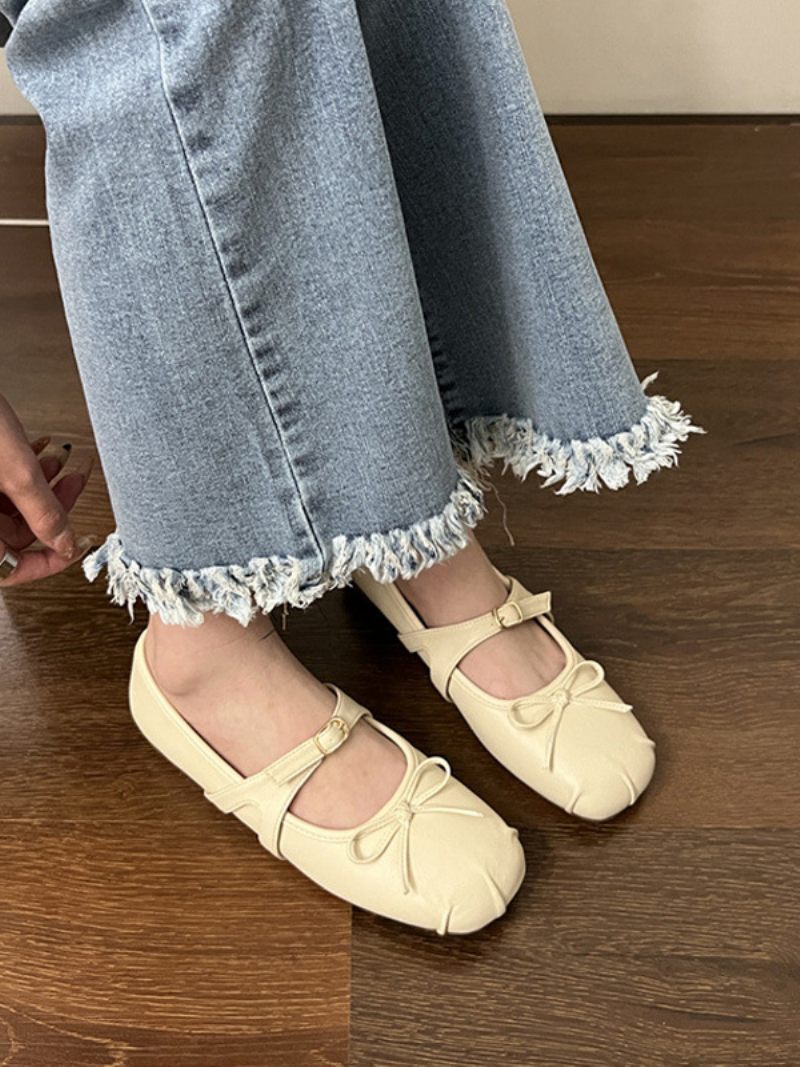 Ballerines Noires Pour Femmes Bout Rond Détail Boucle Avec Nœud - Beige