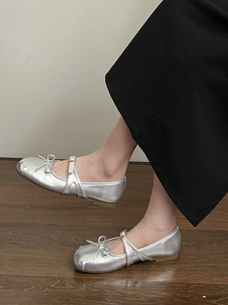 Ballerines Noires Pour Femmes Bout Rond Détail Boucle Avec Nœud - Argent