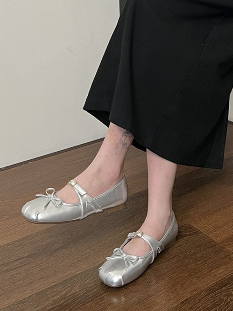 Ballerines Noires Pour Femmes Bout Rond Détail Boucle Avec Nœud - Argent