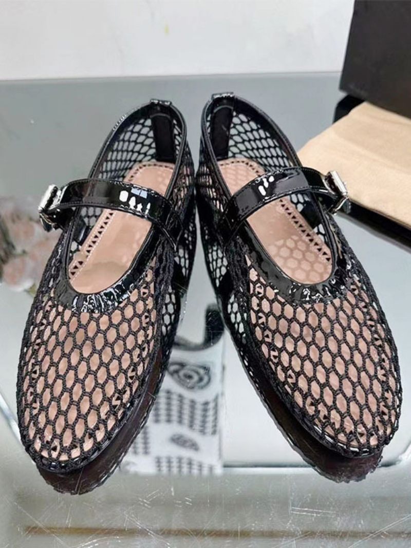 Ballerines Noires Pour Femmes À Bout Rond Résille Mary Jane - Noir