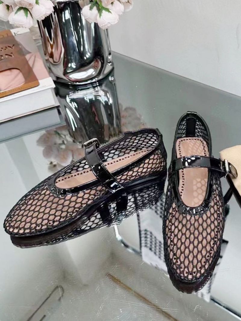 Ballerines Noires Pour Femmes À Bout Rond Résille Mary Jane - Noir