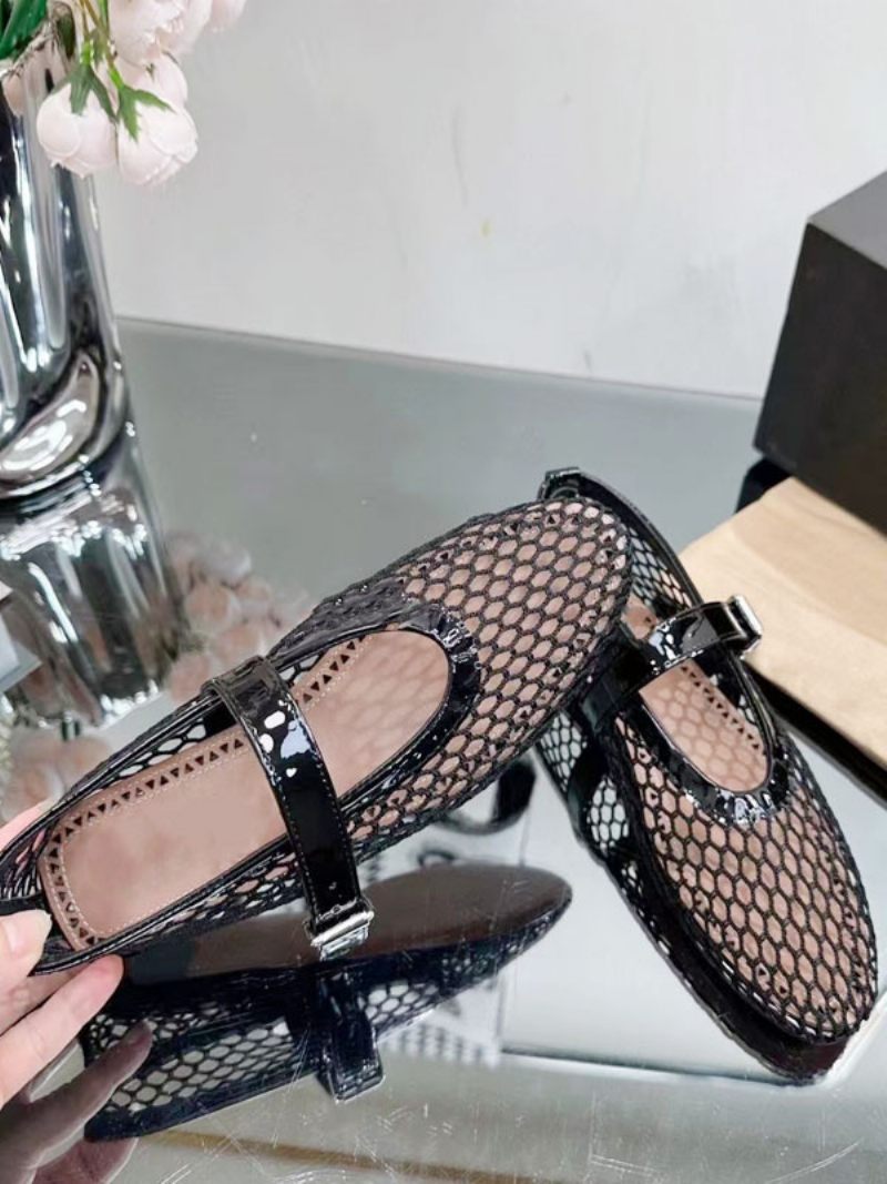 Ballerines Noires Pour Femmes À Bout Rond Résille Mary Jane - Noir