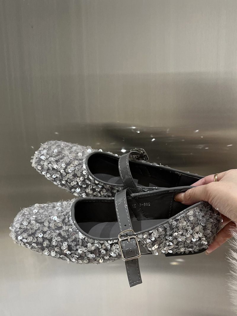 Ballerines À Paillettes Pour Femmes Bout Carré Chaussures Fête Mary Jane