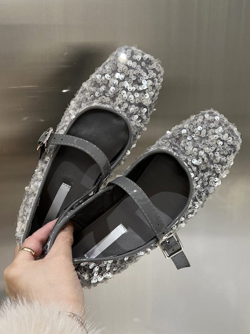 Ballerines À Paillettes Pour Femmes Bout Carré Chaussures Fête Mary Jane - Argent