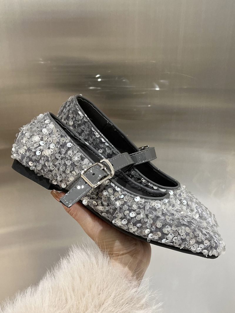 Ballerines À Paillettes Pour Femmes Bout Carré Chaussures Fête Mary Jane - Argent