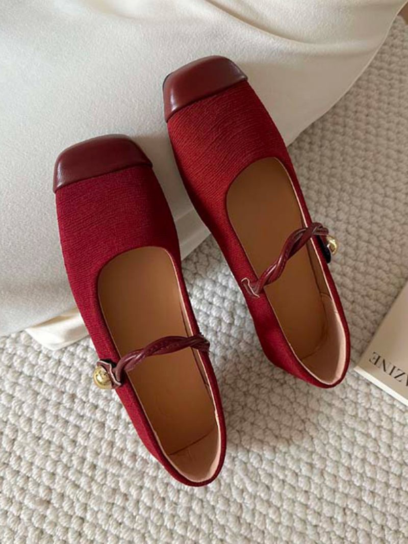 Ballerines Rouges Femmes Bout Carré Chaussures Plates Vintage - Bourgogne