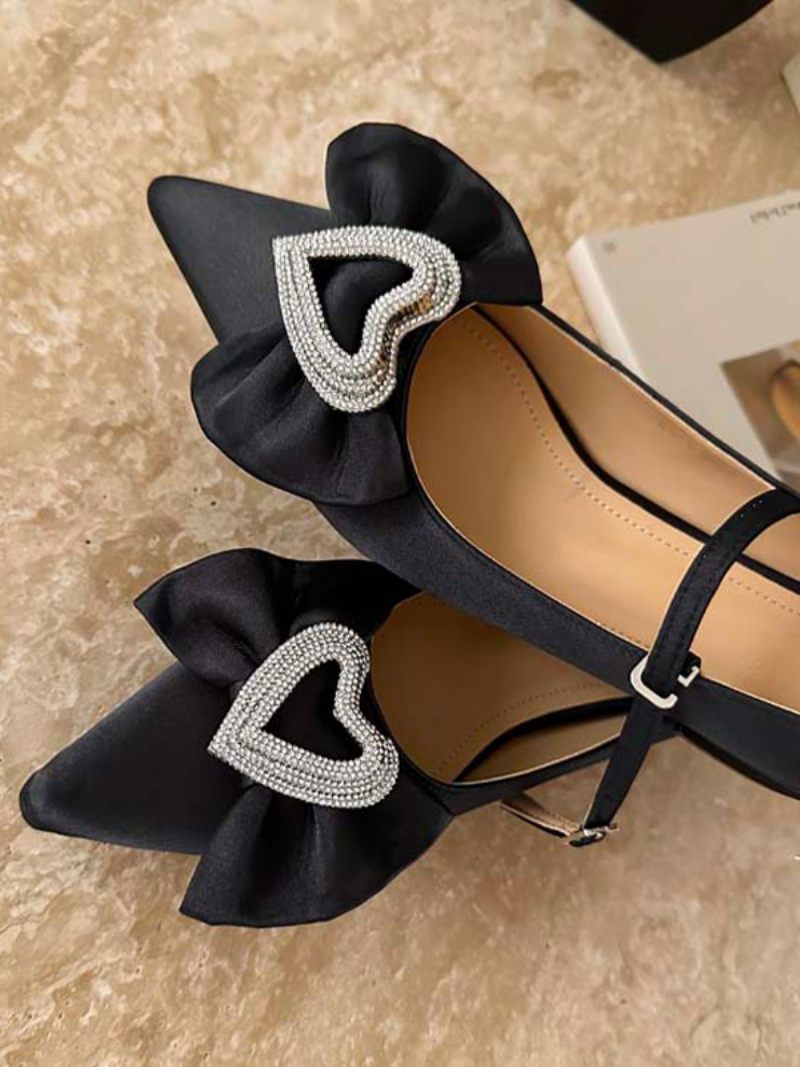 Ballerines Soie Et Satin À Bout Pointu Avec Nœuds Pour Femmes - Noir