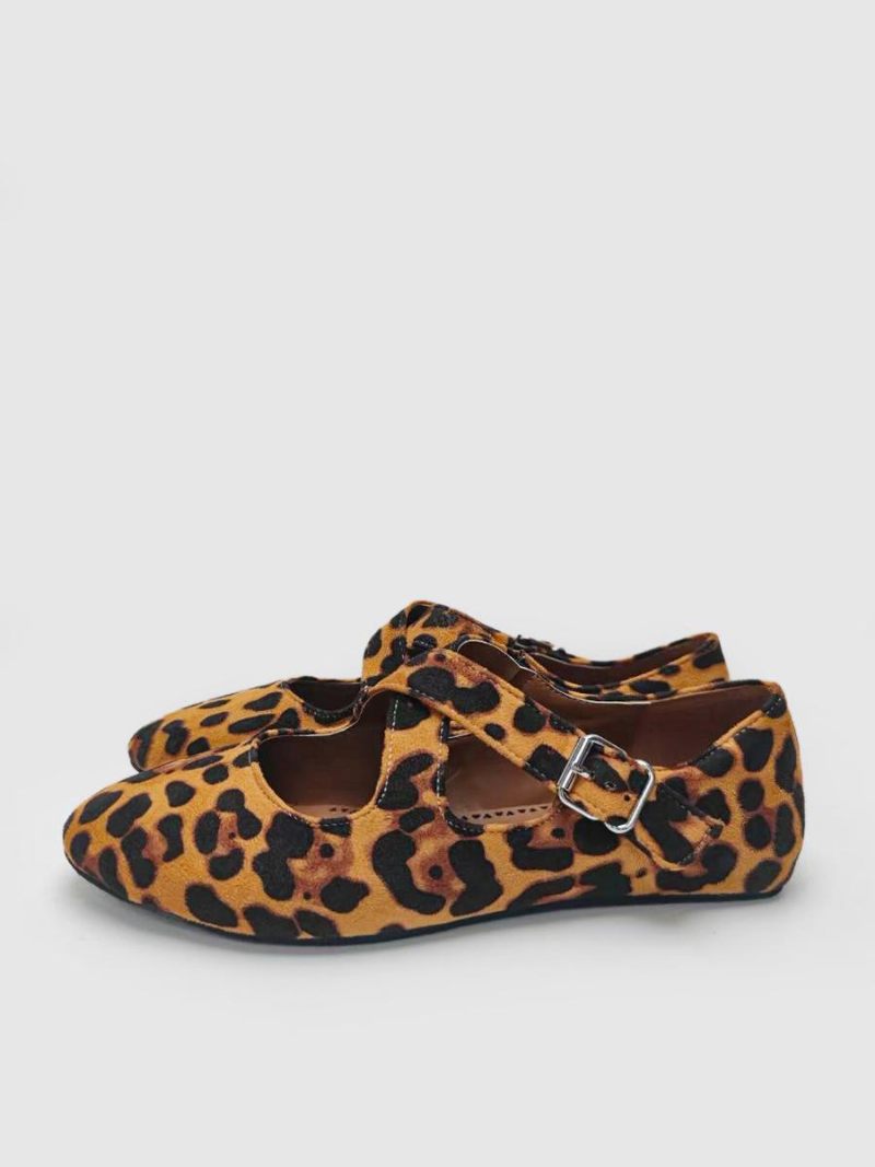 Ballreina Flats Pour Femmes Léopard Bout Rond Criss Cross Ballerines - Marron Café