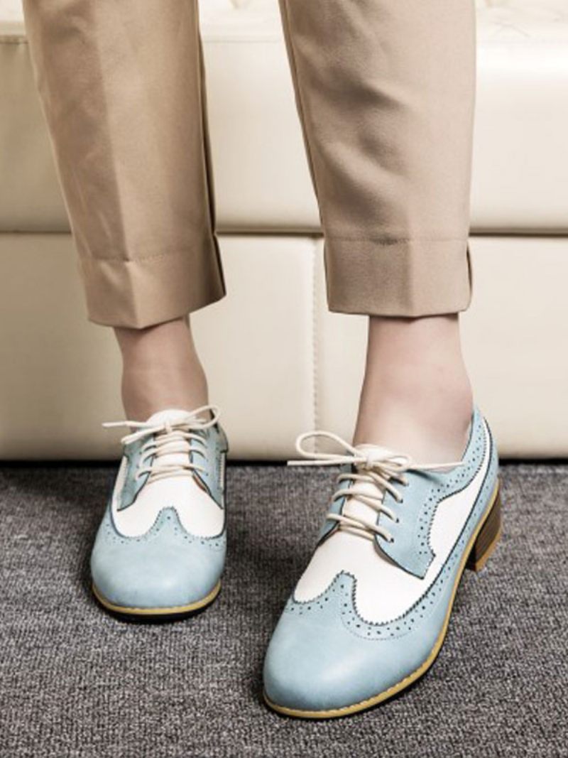 Chaussures Oxford À Lacets Et Bouts D'ailes Pour Femmes - Bleu Ciel Clair