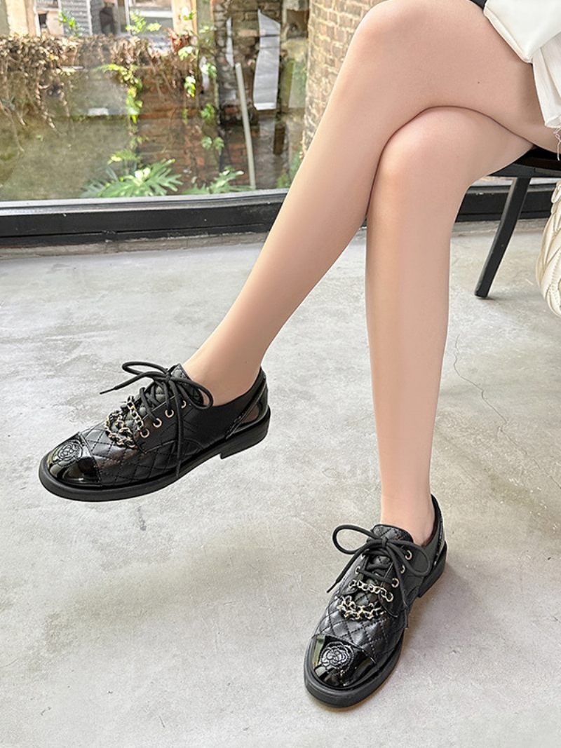 Chaussures Oxfords Noires À Bout Rond Et Talon Chiot Pour Femmes Décontractées Lacets - Noir