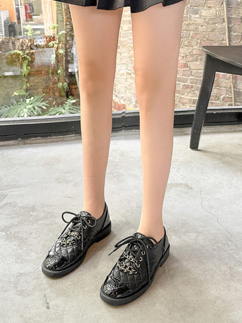 Chaussures Oxfords Noires À Bout Rond Et Talon Chiot Pour Femmes Décontractées Lacets - Noir