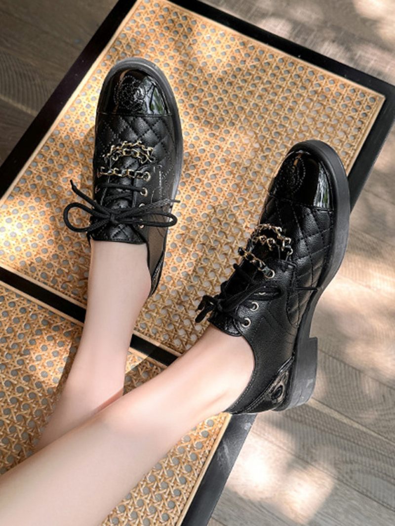 Chaussures Oxfords Noires À Bout Rond Et Talon Chiot Pour Femmes Décontractées Lacets - Noir