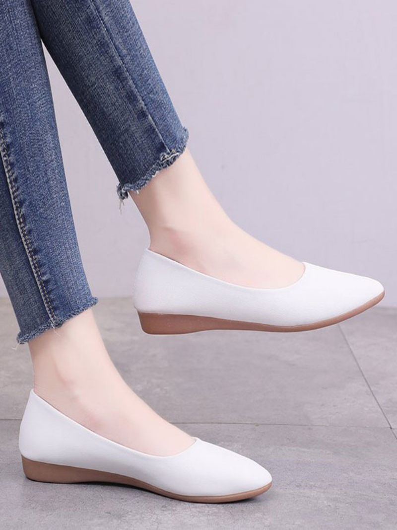 Chaussures Plates Blanches Pour Femmes Ballerines À Bout Pointu Cuir Pu Enfiler - Blanc