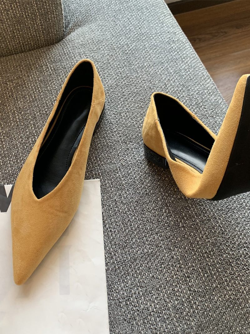 Chaussures Plates À Bout Pointu Daim Enfiler Pour Femmes - Jaune