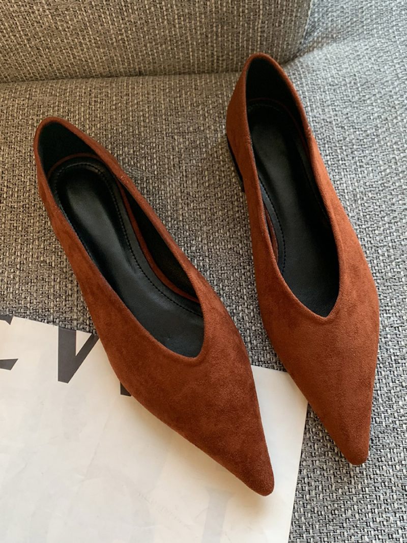 Chaussures Plates À Bout Pointu Daim Enfiler Pour Femmes - Marron Clair