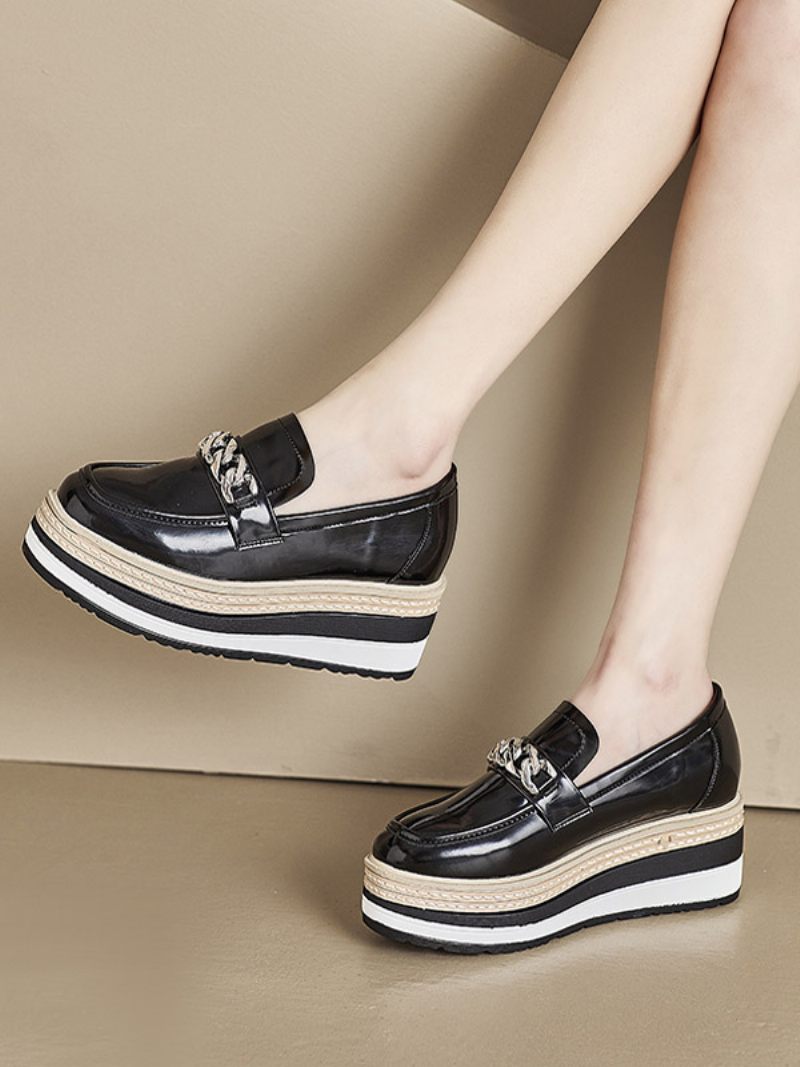 Détails Métalliques Pour Femmes Bout Rond Talon Épais Oxfords Cuir Pu