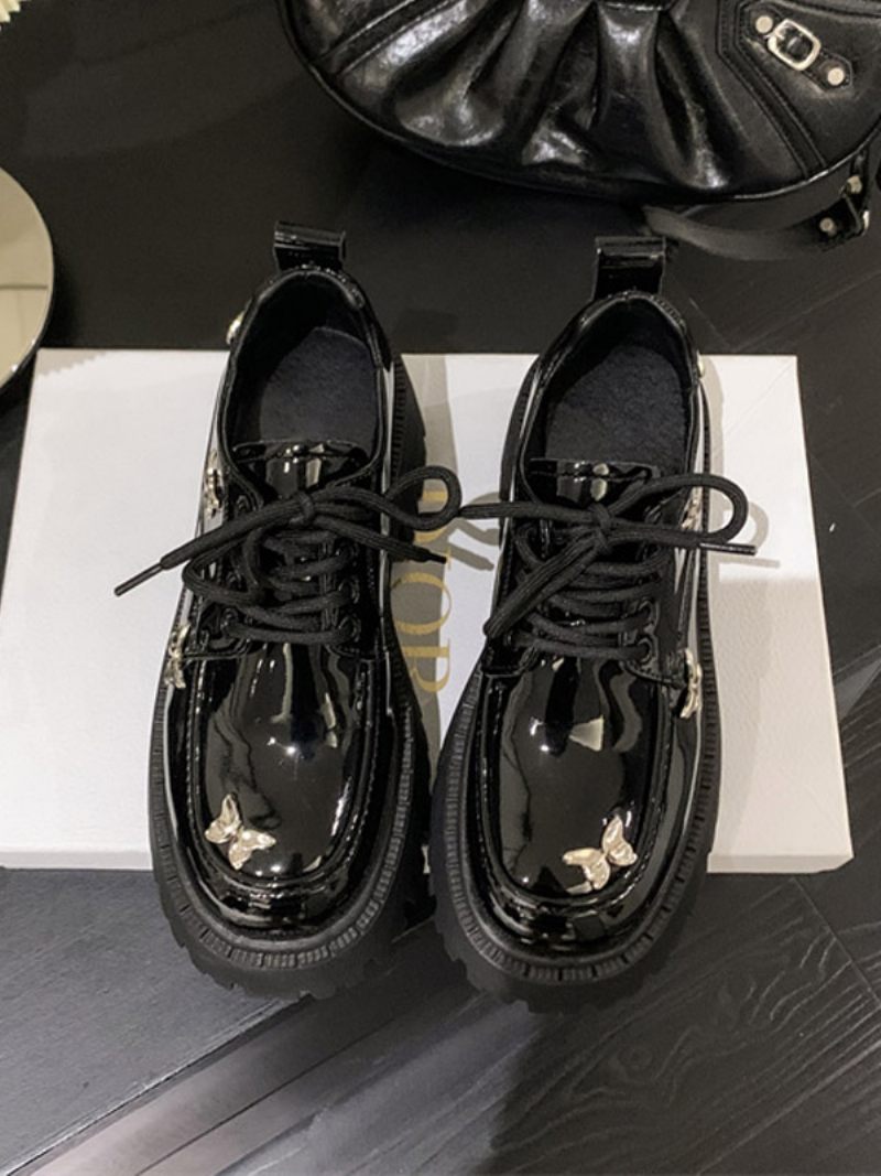 Détails Métalliques Pour Femmes Bout Rond Talon Épais Oxfords Cuir Verni - Noir