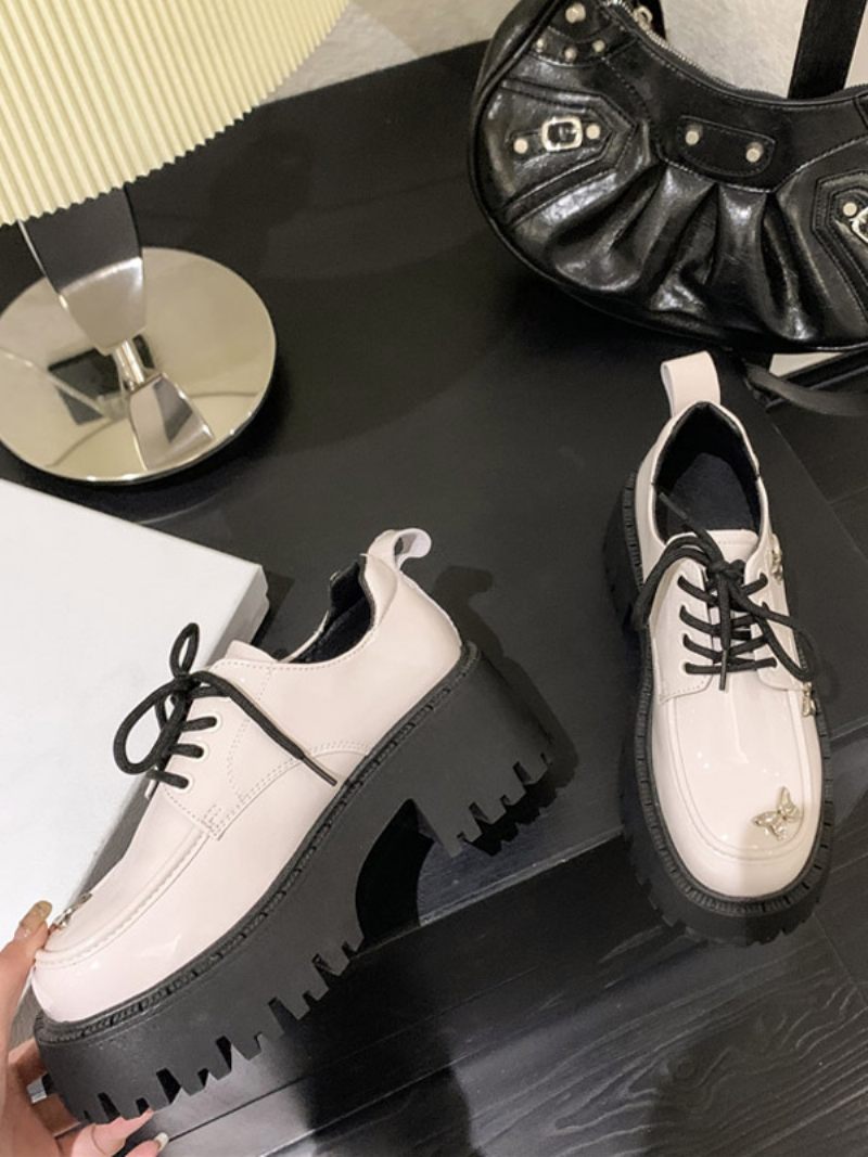 Détails Métalliques Pour Femmes Bout Rond Talon Épais Oxfords Cuir Verni - Blanc