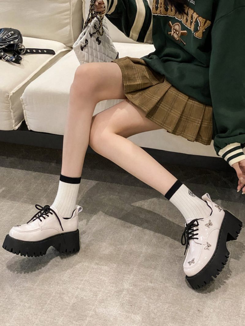 Détails Métalliques Pour Femmes Bout Rond Talon Épais Oxfords Cuir Verni - Blanc