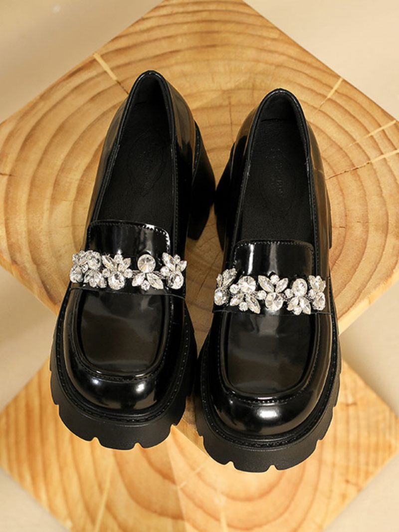 Femmes Strass Talon Épais Mocassins Cuir Pu Avec - Noir