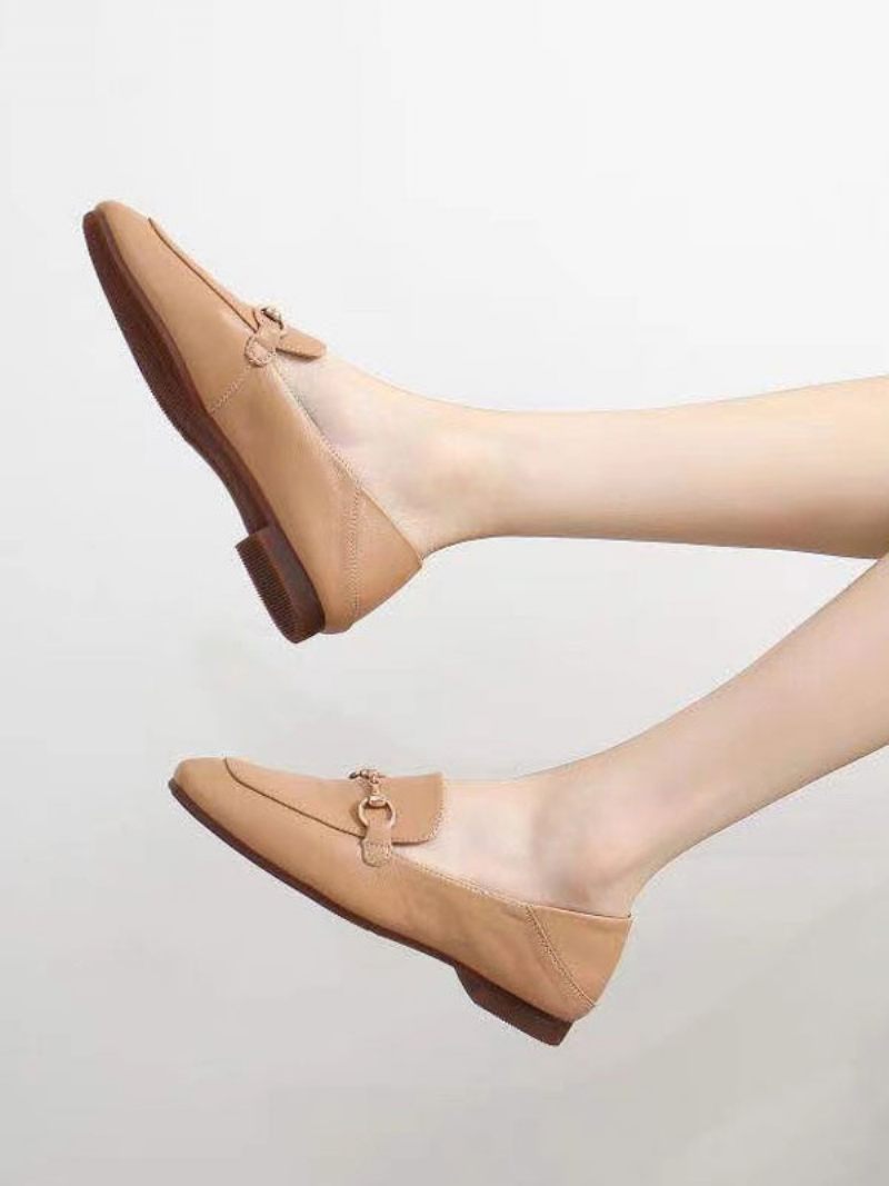 Mocassins Cuir Pu À Talons Épais Pour Femmes - Kaki