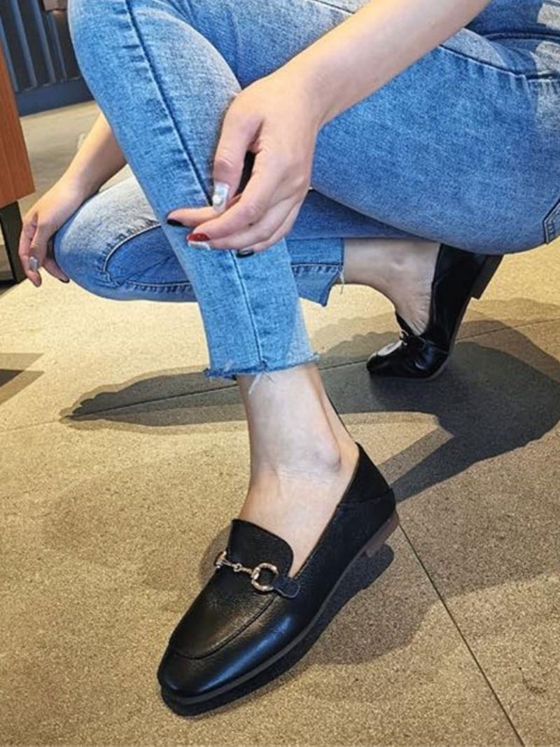 Mocassins Cuir Pu À Talons Épais Pour Femmes - Noir